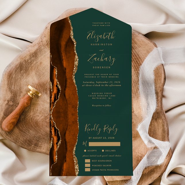 Rust Gold Agate Dark Green Meal Options Wedding All In One Invitation (Creator Uploaded)