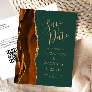 Rust Gold Agate Dark Green QR Code Save the Date Announcement Postcard