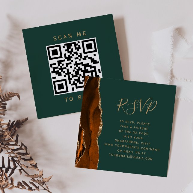 Rust Gold Agate Hunter Green Wedding QR Code RSVP Enclosure Card (Creator Uploaded)