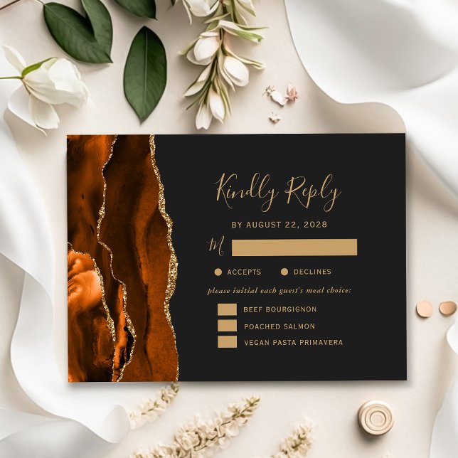 Rust Gold Agate Meal Options Dark Wedding RSVP Card (Creator Uploaded)