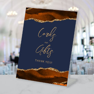 Rust Gold Agate Navy Blue Wedding Cards and Gifts Pedestal Sign