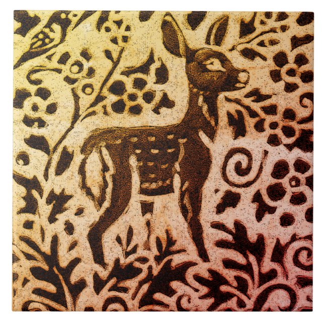 Rust Gold Brown Deer Fawn Floral Autumn Leaf Batik Tile (Front)