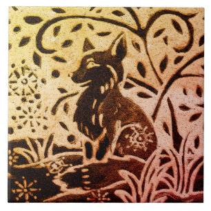 Rust Gold Brown Fox Snow Winter Pine Batik Tile