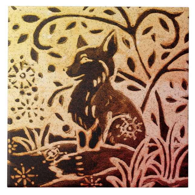 Rust Gold Brown Fox Snow Winter Pine Batik Tile (Front)
