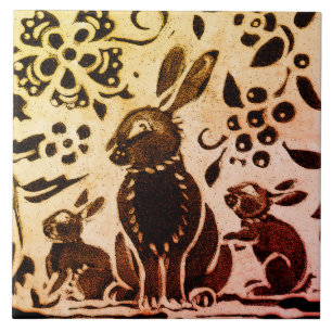 Rust Gold Brown Rabbit Floral Autumn Leaves Batik Tile
