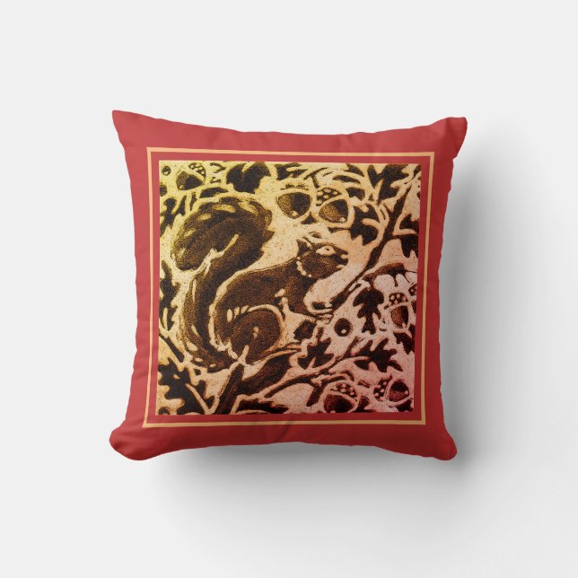 Rust Gold Brown Squirrel Acorn Fall Leaves Batik Throw Pillow (Front)