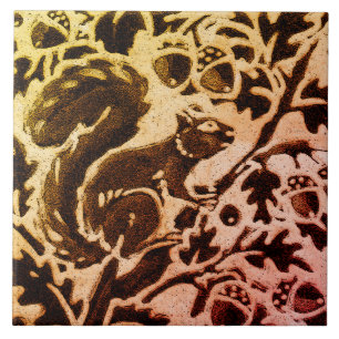 Rust Gold Brown Squirrel Floral Autumn Leaf Batik Tile