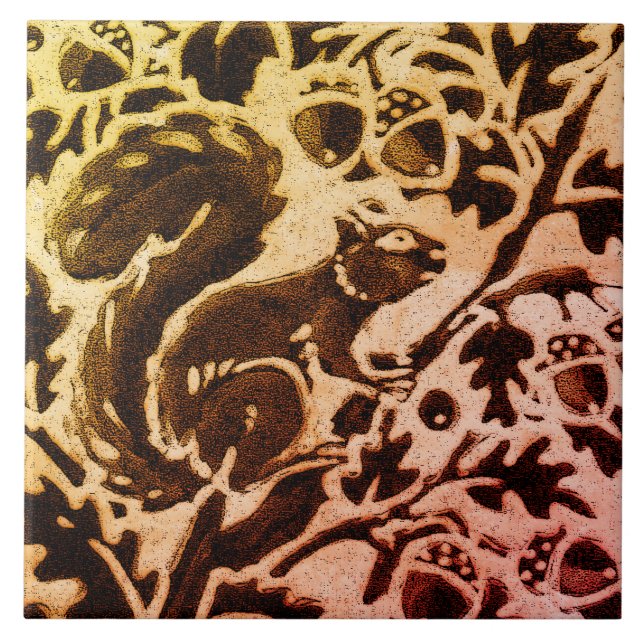 Rust Gold Brown Squirrel Floral Autumn Leaf Batik Tile (Front)