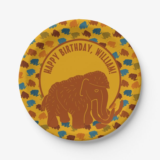Rust & Gold Cartoon Woolly Mammoth Personalized Paper Plate (Front)