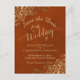 Rust & Gold Chic Calligraphy Wedding Save the Date Announcement Postcard