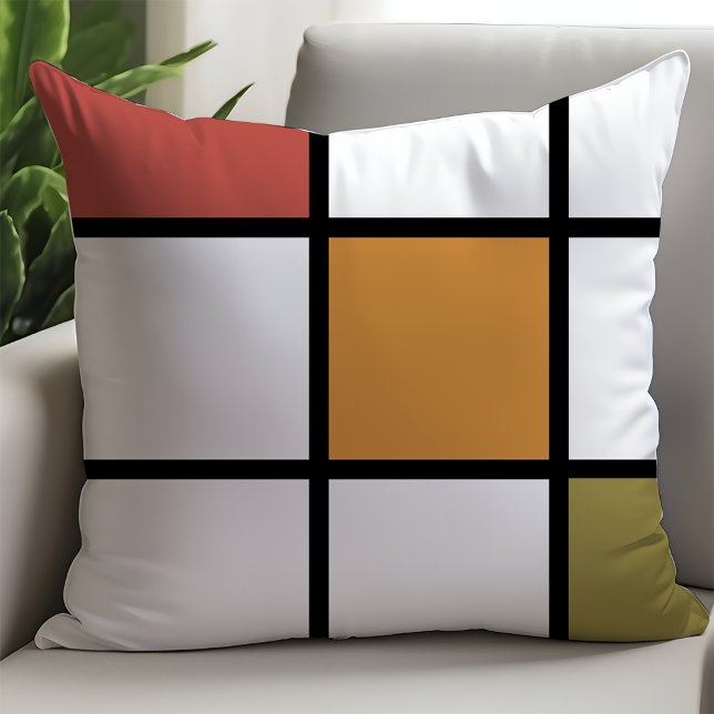 Rust Gold Green Mondrian Style Throw Pillow (Creator Uploaded)