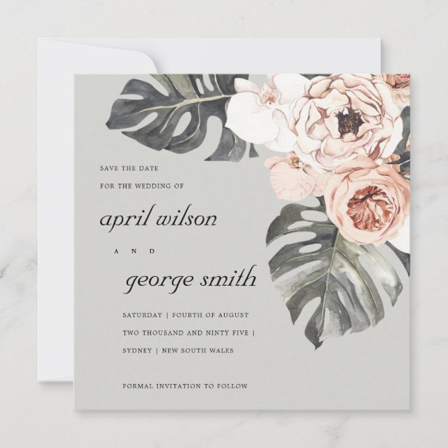 RUST GREY MOSTRERA FLORAL SAVE THE DATE CARD (Front)
