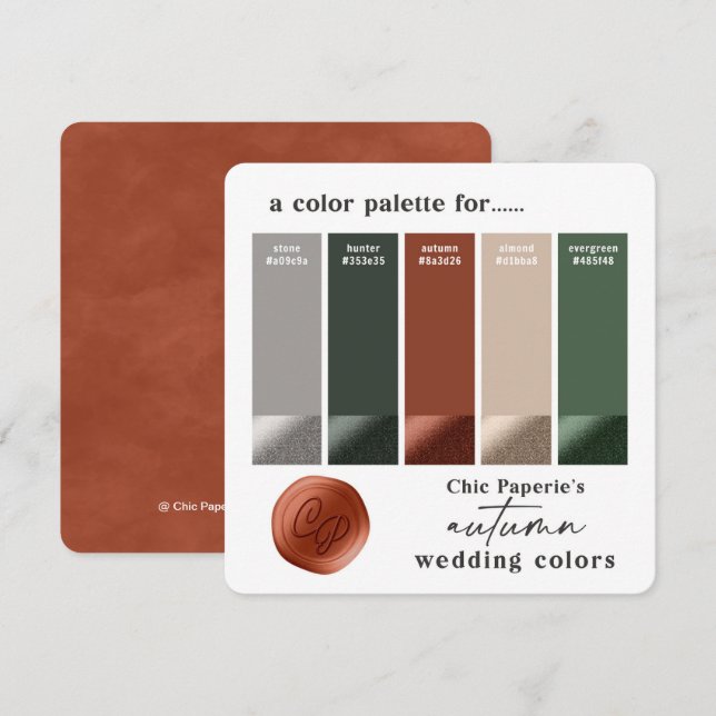 Rust Hunter Green Fall Wedding Colour Palette Card (Front/Back)
