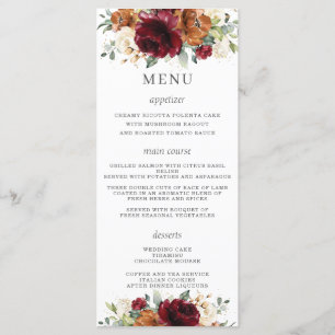Rust Ivory Bourgogne Floral Menu Mariage