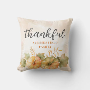 Rust Leaves Pumpkin Thankful Family Name Custom Throw Pillow