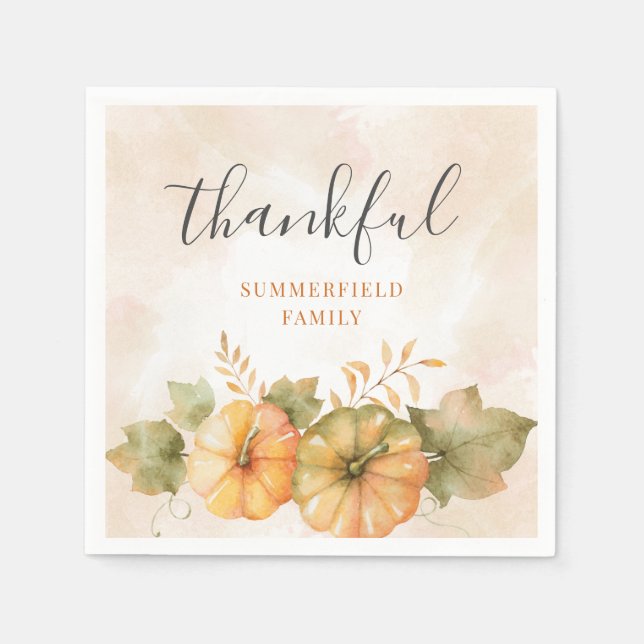 Rust Leaves Pumpkin Thankful Family Thanksgiving Napkin (Front)