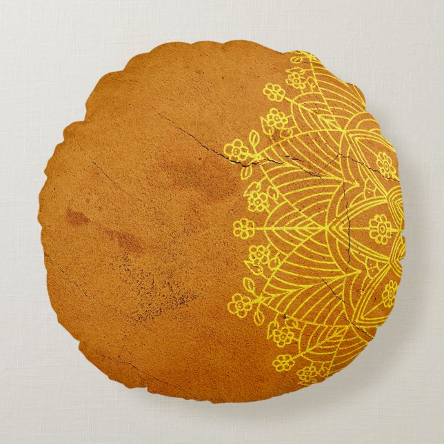 Rust Mandala Zen Rustic Body Mind Spirit Round Pillow (Front)