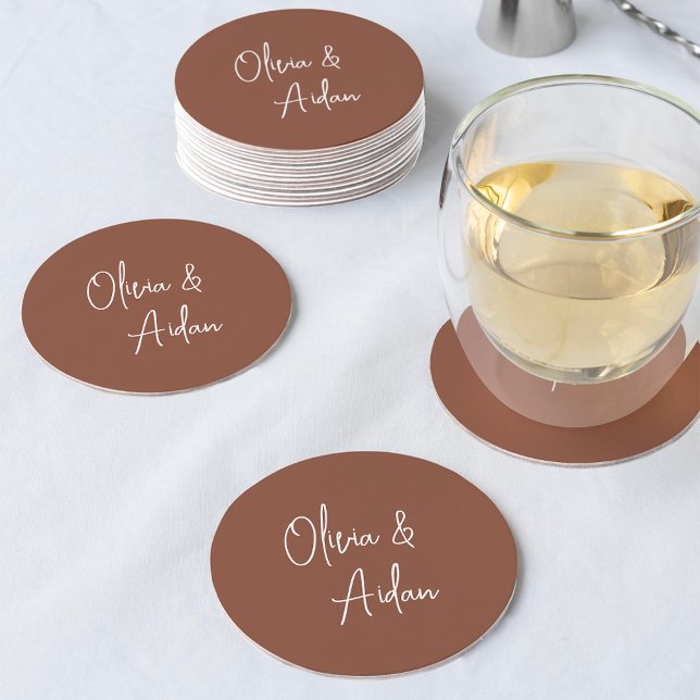 Rust | Modern Handwritten Script Wedding Round Paper Coaster (Creator Uploaded)