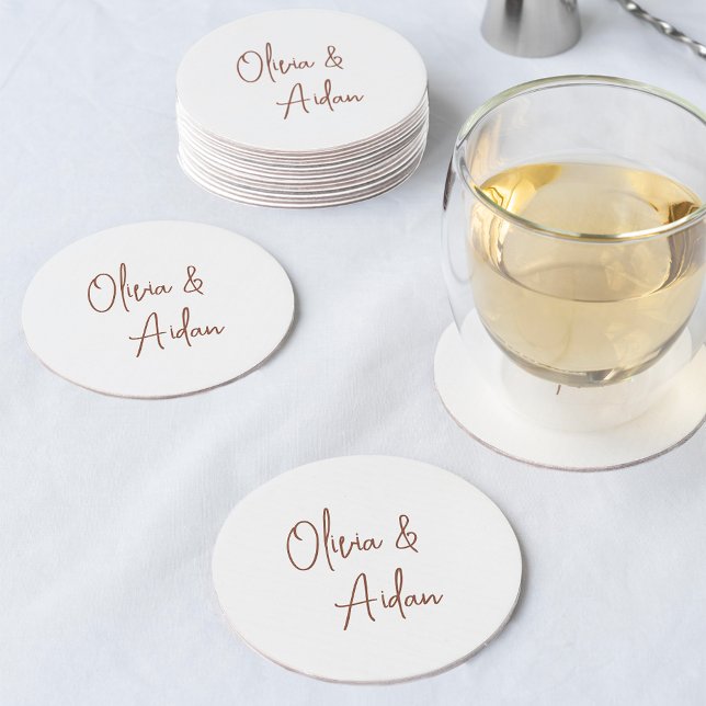 Rust | Modern Handwritten Script Wedding Round Paper Coaster (Creator Uploaded)