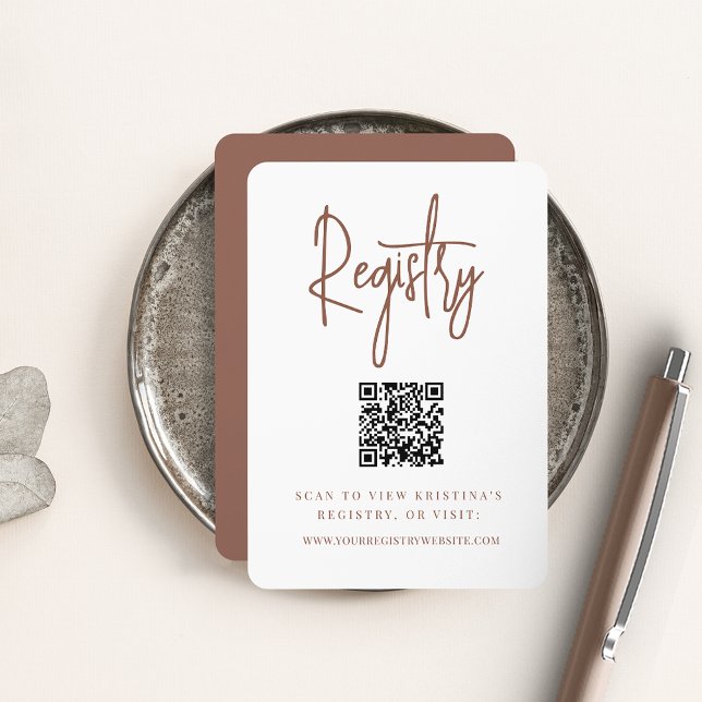Rust | Modern Script QR Code Bridal Registry Enclosure Card (Creator Uploaded)