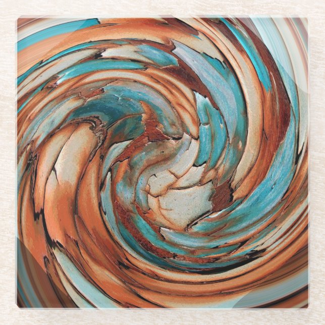 Rust N Blue Abstract Art Glass Coaster (Front)
