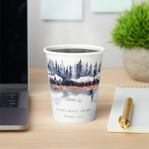Rust Navy Winter Pine Forest Snow Bridal Shower Paper Cups