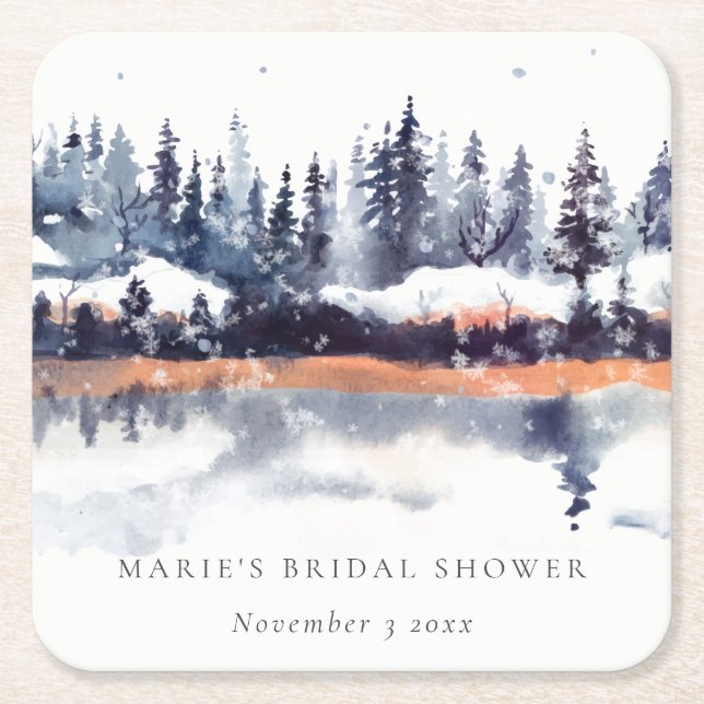 Rust Navy Winter Pine Forest Snow Bridal Shower Square Paper Coaster (Front)