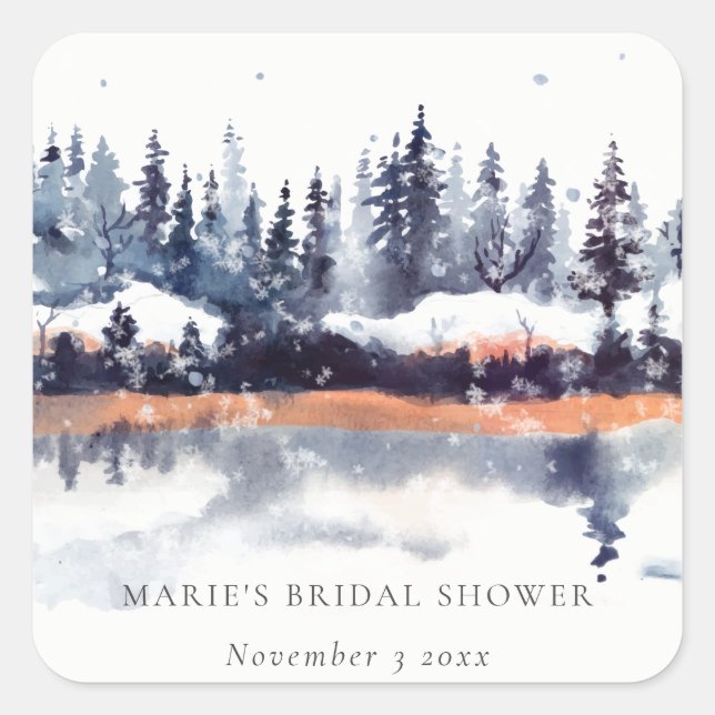 Rust Navy Winter Pine Forest Snow Bridal Shower Square Sticker (Front)