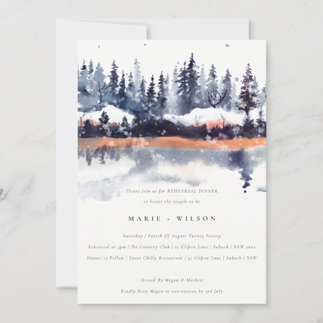 Rust Navy Winter Pine Forest Snow Rehearsal Dinner Invitation (Front)