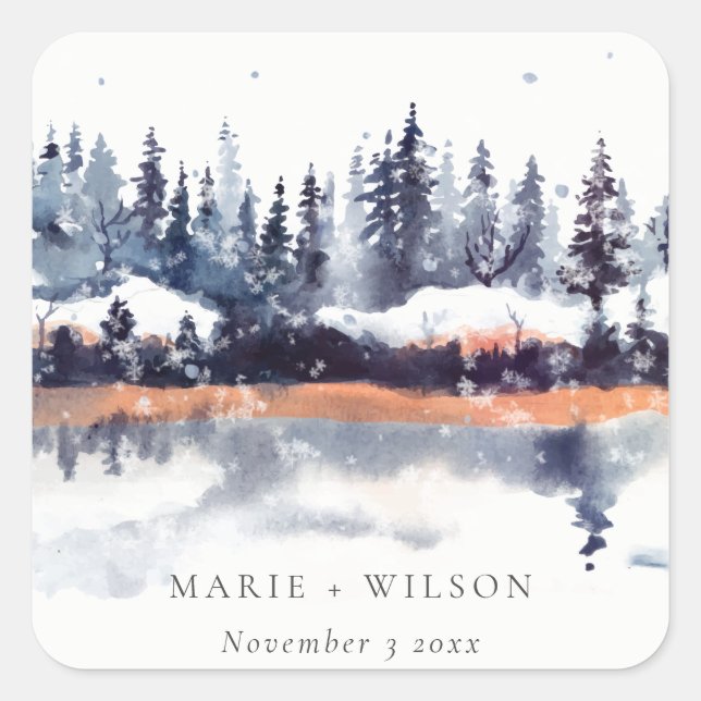 Rust Navy Winter Pine Forest Snow Wedding Square Sticker (Front)