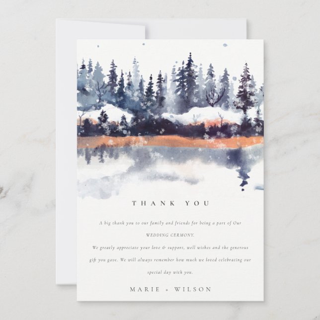 Rust Navy Winter Pine Forest Snow Wedding Thank You Card (Front)