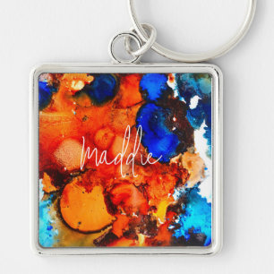 Rust orange abstract art ink keychain