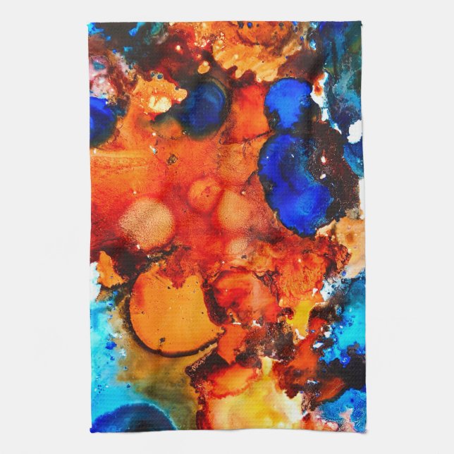 Rust orange abstract art ink kitchen towel (Vertical)