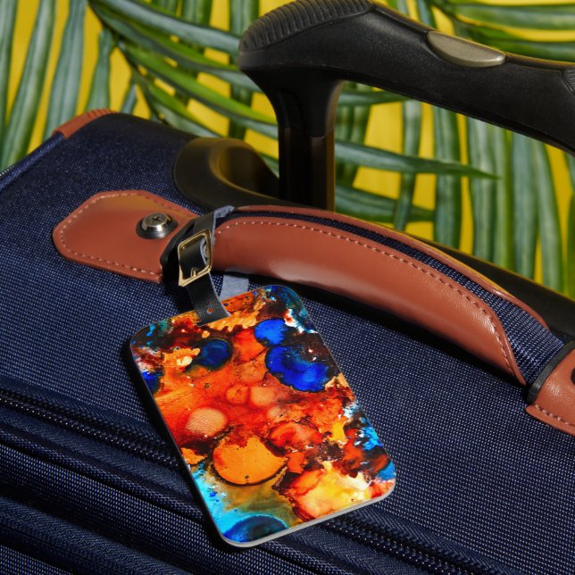 Rust orange abstract art ink luggage tag (Front Insitu 1)