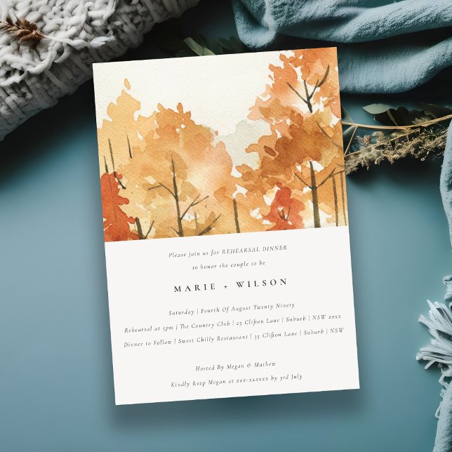 Rust Orange Autumn Fall Trees Rehearsal Dinner Invitation (Creator Uploaded)