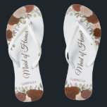 Rust Orange Boho Chic Floral Maid of Honour Weddin Flip Flops<br><div class="desc">These beautiful wedding flip flops are a great way to thank and recognize your Maid of Honour while saving her feet at the same time. Features an elegant boho chic design with hand painted watercolor roses in shades of rust orange and coral peach, along with burnt umber coloured script lettering....</div>