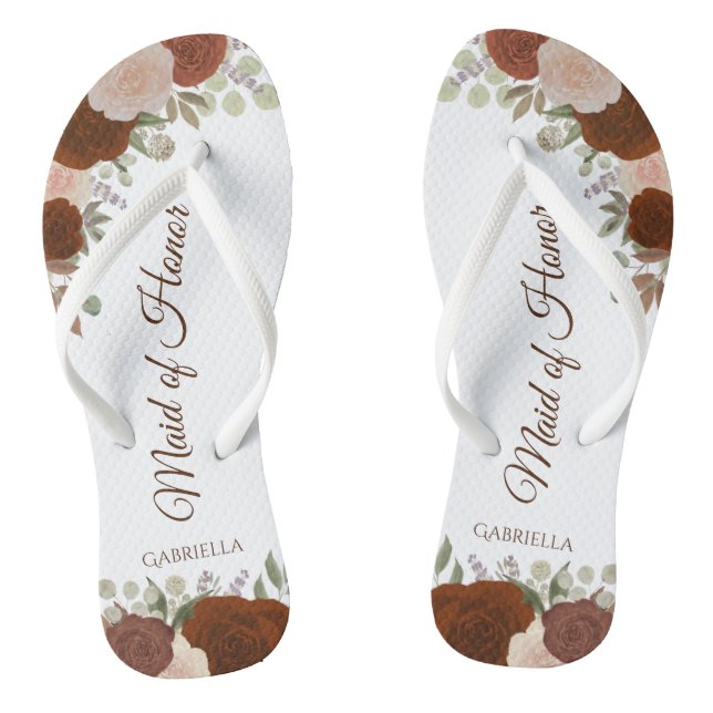 Rust Orange Boho Chic Floral Maid of Honour Weddin Flip Flops (Footbed)