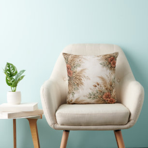 Rust Orange Boho Pampas Harvest Bouquet Throw Pillow