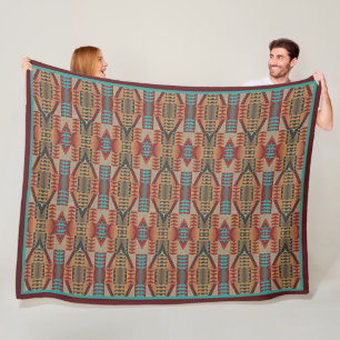 Rust Orange Brown Turquoise Teal Blue Tribal Art Fleece Blanket