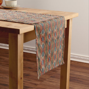 Rust Orange Brown Turquoise Teal Blue Tribal Art Short Table Runner