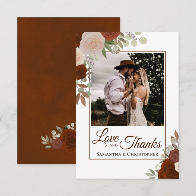 Rust Orange & Coral Roses Love & Thanks Wedding Thank You Card (Front/Back)