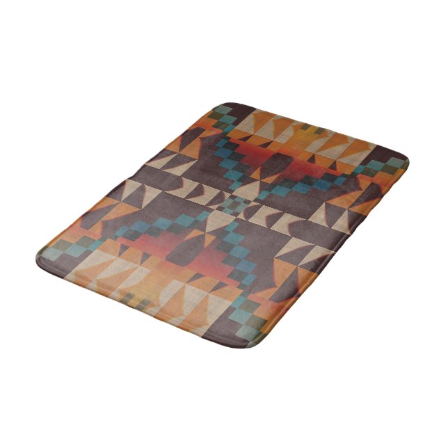 Rust Orange Dark Red Brown Teal Blue Tribal Art Bath Mat (Angled)