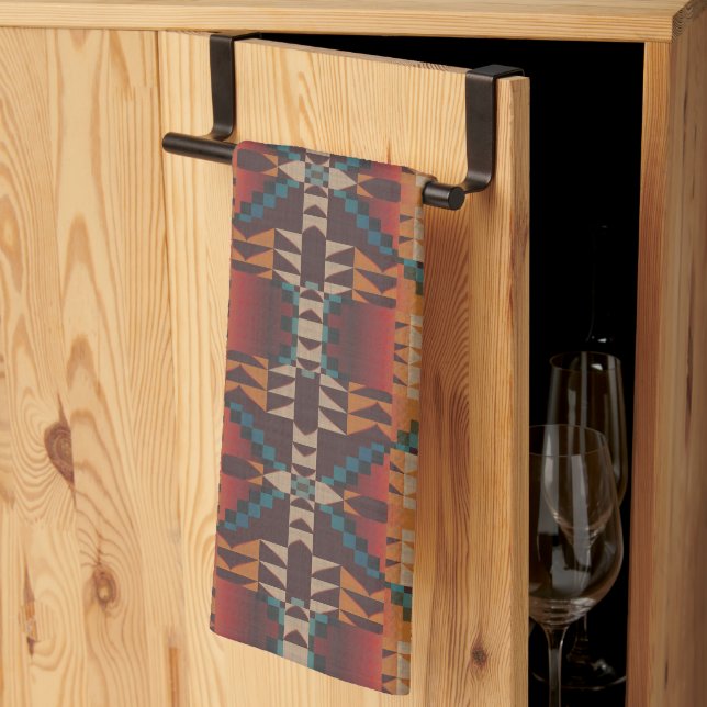 Rust Orange Dark Red Brown Teal Blue Tribal Art Kitchen Towel (Thirds Fold)