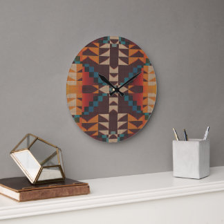 Rust Orange Dark Red Brown Teal Blue Tribal Art Large Clock