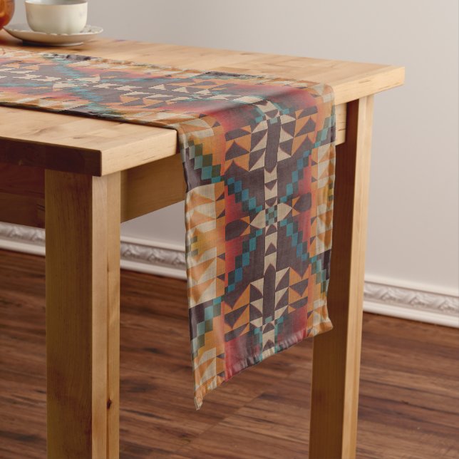 Rust Orange Dark Red Brown Teal Blue Tribal Art Short Table Runner (In Situ)