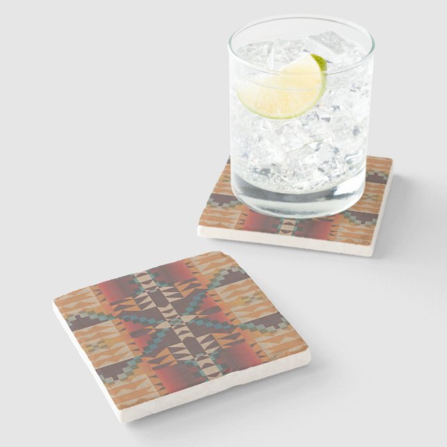 Rust Orange Dark Red Brown Teal Blue Tribal Art Stone Coaster (Side)