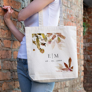 Rust Orange Fall Tree Leaves Monogram Wedding Tote Bag