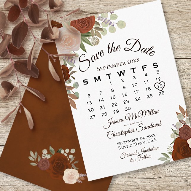 Rust Orange Floral Elegant Boho Wedding Calendar Save The Date (Creator Uploaded)