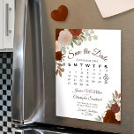 Rust Orange Floral Save the Date Calendar Magnet<br><div class="desc">These beautiful magnetic wedding save the date cards feature a rustic yet elegant hand painted floral design with watercolor roses in shades of rust orange and burnt umber, surrounded by a bevy of autumn leaves, greenery, and fall foliage. There is a customizable calendar showing the month of your wedding with...</div>