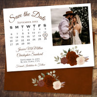 Rust Orange Floral Wedding Calendar & Photo